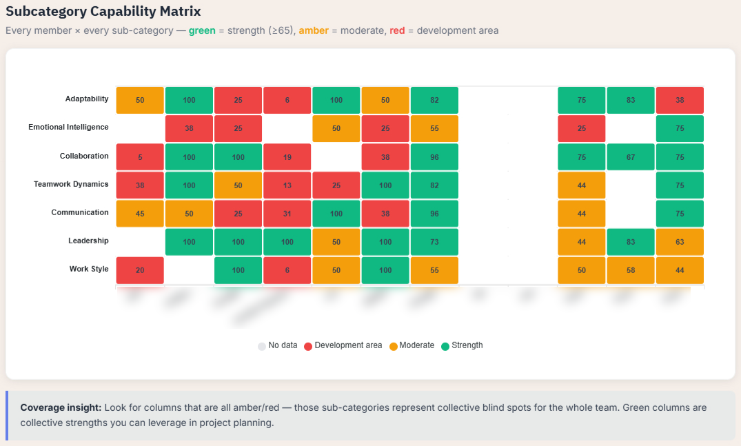 Subcategory Capability Matrix heatmap showing every team member's scores across seven capability dimensions with color-coded cells