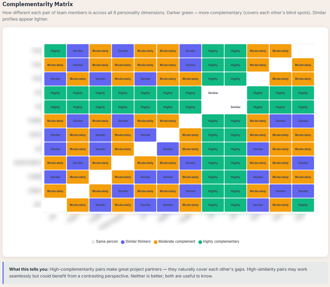 Complementarity Matrix showing pairwise personality similarity across all team members with color-coded cells from Similar to Highly Complementary